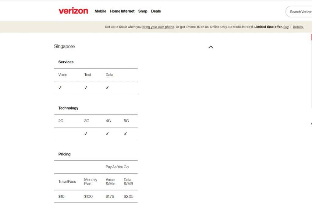 Verizon roaming charges checker in Singapore